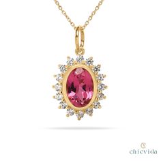 "Oval-Cut Pink Tourmaline Pendant with Real Diamond Halo/Natural Gemstone Jewelry/Necklace for Women/Pink Stone Pendant/Wedding Bridal Gift ★ ★ CUSTOM/DUTY-FREE SHIPPING WORLDWIDE, BUYERS DON'T HAVE TO PAY ANY CUSTOM FEES WHILE IMPORTING ★ ★ Details Made to order Material: 14k/18k gold Color Options: Yellow Gold, White Gold, Rose Gold ★ Center Stone Pink Tourmaline Oval Size: 5x7 mm Approx Weight (Ct): 0.80 ★ Accent Stones Diamond Round Size: 1.5 mm * 16 Nos. Approx Weight (Ct): 0.224 ❤ Each Pen Pink Oval Tourmaline Jewelry, Pink Sapphire Necklaces For Wedding, Pink Sapphire Necklace For Wedding, Pink Charm, Halo Necklace, Tourmaline Pendant, Tourmaline Jewelry, Natural Gemstone Jewelry, Solid Gold Chains