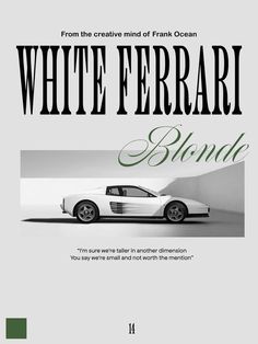 the front cover of white ferrari blond, with an image of a car in black and white