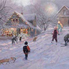 a painting of people playing in the snow with sleds and christmas lights behind them