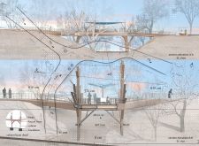 an architectural drawing of a bridge over a body of water with people standing on it