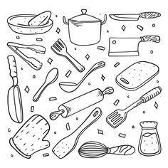 hand drawn kitchen utensils and ingredients for cooking on a white background stock illustration