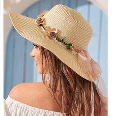 Beach Straw Hat Boho Style With Flowers And Bow (Removable) Beach Hat/Festival/Gardening Wide Brim Straw Hat Circumference Approx 23.5” New Boutique Item Smoke Free Home Fast Shipping New To Poshmark? Use My Referral Code Myboots2012 And Get $10 Off Your First Order Wide Brim Straw Hat, Travel Hat, Beige Boho, Straw Sun Hat, Sun Protection Hat, Sun Hats For Women, Indie Aesthetic, Flower Decor, Beach Hat