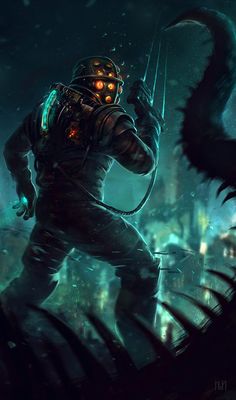 a man in a gas mask holding a knife next to a giant monster with glowing eyes