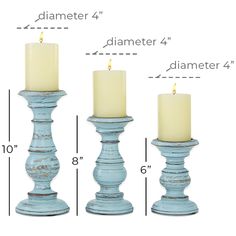 three tall candles are shown with measurements for each candle holder in the same size and color