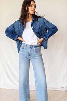 Japanese workwear inspired Cotton denim Drop shoulder Button front Patch pockets Button at cuff Great boxy shape Made in LA Japanese Workwear, Patch Pocket, Drop Shoulder, Shirt Jacket, Work Wear, My Style