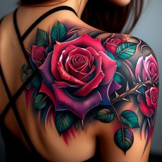 a woman's back with roses and leaves on it