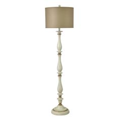 a white floor lamp with a beige shade on the base and a light brown shade on the top