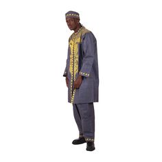 Regal and bold, this African King Three-Piece Suit Set is a comfortable and authentically African addition to any wardrobe. The shirt has a flat collar, long and wide sleeves, and golden embroidery in a breast plate design down the front. It zips down the front. The pants have wide legs, a drawstring waist, and have convenient pockets. There is golden embroidery at the hemline of both pant legs. Available in your choice of dark brown, dark grey, and white. One size fits most. The top is 37” in l African Print Tracksuit, Three Piece Suit, Wide Sleeves, Drawstring Waist, Dark Grey, Shop Now, Pants, Clothes