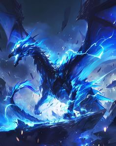 a large blue dragon standing in the middle of a dark sky with lightning streaks on it's wings