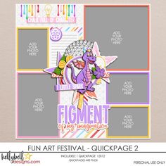 a digital scrapbook page with an image of a purple dragon and the words,'fun