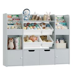 a shelf filled with lots of toys and stuffed animals