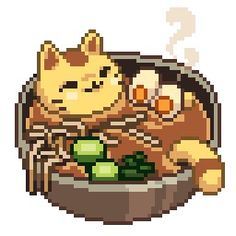 a pixelated image of a cat sitting in a bowl with vegetables on the side