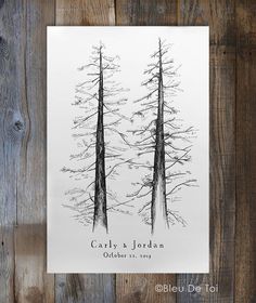 two trees are shown in black and white on a wood background with the words, call & jordan