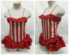 two pictures of a red and white striped corset with ruffles on it