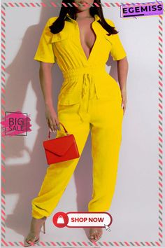 Yellow Fashion Casual Solid Patchwork Turndown Collar Regular Jumpsuits Cargo Pants Style, Yellow Jumpsuit, Collar Jumpsuit, Jumpsuit Casual, Casual Cargo Pants, Tie Women, Red Jumpsuit, Casual Jumpsuit, Turndown Collar