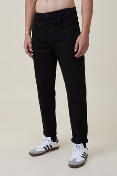 Looking For A Comfortable Loose Fit Tapered Jean Then We Have You Covered At Cotton On.Features:  -Relaxed Tapered Leg Profile-Centre Front Zip Closure With Metal Button-2 Front Pockets-2 Back Patch PocketsCotton On Men - Relaxed Tapered Jean - New BlackCotton On | Men | Clothing | JeansCotton On | Men | Clothing | JeansCotton On | Men | Clothing | Jeans Clothing Jeans, Tapered Jeans, Rolled Hem, Back Patch, New Wardrobe, Men Clothing, Cotton On, Mens Denim, Tapered Legs