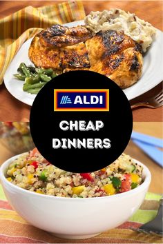 two plates with chicken, rice and veggies next to the words aldi cheap dinners