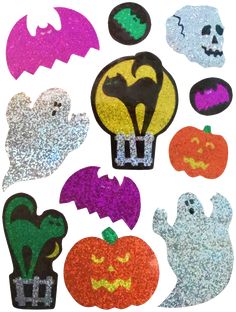 halloween glitter stickers with ghost, pumpkins and bats on white background for scrapbook pages