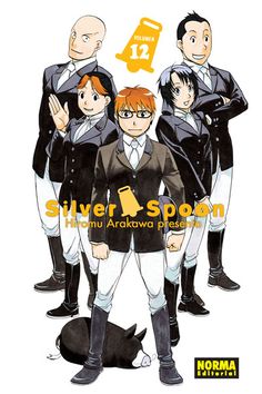 silver spoon anime poster with four men in uniform and one cat on the ground next to him