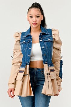 Peplum Panache Denim Jacket100% Cotton * 97% Polyester * 3% Spandex Minimal Stretch Puffy Sleeves Peplum StyleMade In: China Girls High Top Sneakers, Sneakers Patterns, Peplum Styling, Peplum Styles, Air Max Women, Puffy Sleeves, Toddler Girl Outfits, Fitted Hats, Skirt Pants