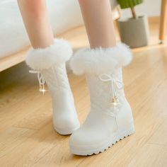 #ad Premium Womens Ankle Boots Fur Trim Wedge Heels Quilted Bowknot Warm Shoes Snow Winter, Fashion Womens Boots Sepatu Pump, Girls Snow Boots, Cute Shoes Heels, Kawaii Shoes, Cute Wedges, Kawaii Fashion Outfits, Warm Boots, Girly Shoes, Winter Girls