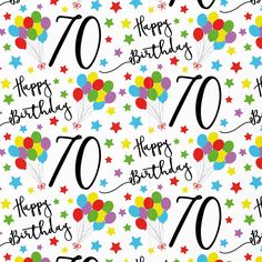 happy 70th birthday balloons and stars on white background with the number seventy written in black