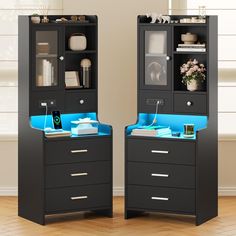 there are two black cabinets with blue lighting