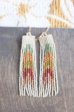 Beige Dangle Jewelry With Colorful Beads, Burlap Roman Shades, Long Beaded Earrings, Stitch Earrings, Earrings Bead, Beaded Fringe Earrings, Loom Bracelet Patterns, Loom Bracelet, Brick Stitch Earrings