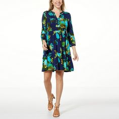 Colleen Lopez Printed Y-neck Dress with Tiered Skirt  This chic tiered dress is an easy popover style. It transitions from season to season with sophistication you'll love. Casual Fitted Blue Tiered Dress, Spring Blue V-neck Tiered Dress, Spring Blue Tiered Dress With Tiered Skirt, Blue V-neck Tiered Dress For Spring, Spring Blue Tiered Dress, Blue Casual Tiered Dress With V-neck, Blue Tiered Dress For Spring, Blue Casual V-neck Tiered Dress, Casual Blue V-neck Tiered Dress