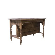 an old wooden table with two drawers on one side and a drawer at the top