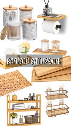 bamboo bathroom accessories are arranged on shelves