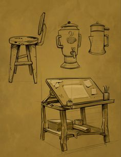 sketches of furniture and objects displayed on brown paper