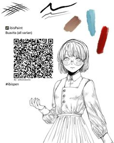 a girl with glasses and a dress is standing in front of a qr code