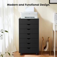 a black cabinet with drawers and a printer on top that says modern and functional design