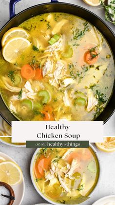 healthy chicken soup in a pot with lemons, carrots and celery