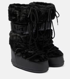 Icon faux fur-trimmed snow boots in black - Moon Boot | Mytheresa Baddie Shoes, Fame Clothes, Fluffy Boots, Moon Boot, Fur Shoes, Made In Romania, Faux Fur Boots, Black Moon, Shoe Inspo