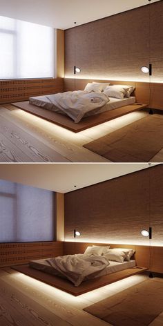 two pictures of a bed with lights on the headboard