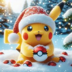 the pikachu is wearing a santa hat and holding a ball in his hand