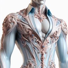 a male mannequin dressed in blue and pink with intricate designs on his body