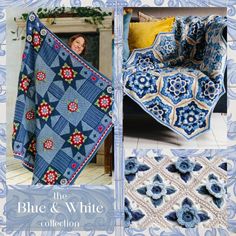 the blue and white collection is featured in this book, with pictures of quilts