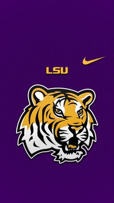 the lsu tigers logo is shown on a purple background with an orange and black tiger's head