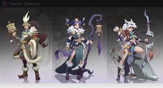 three different poses of female characters from the video game overwatcher elements, all wearing armor and holding swords