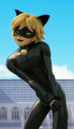 an animated catwoman poses in front of a building