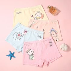 4-piece Cartoon Design Panties for Toddler Girl - PrettyKid Kawaii Cotton Sets For Spring, Cute Cotton School Bottoms, Cute Cotton Bottoms For School, Kawaii Cotton Summer Sets, Pink Cotton Kawaii Sets, Trendy Cotton Sets With Cartoon Print, Cute Cotton Bottoms With Cartoon Print, Kawaii Cotton Bottoms For Summer, Kawaii Style Cotton Bottoms For Summer