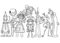 a group of cartoon characters standing next to each other