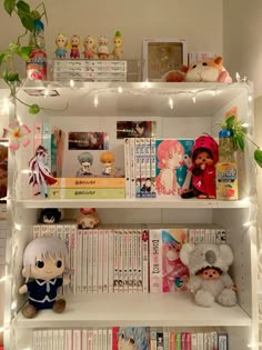 a book shelf filled with books and stuffed animals