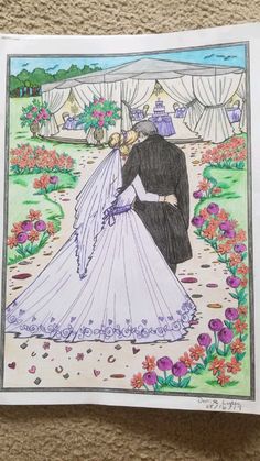 a drawing of a bride and groom kissing in front of a garden with flowers on the ground