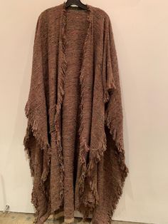 Brown Shawl Wrap For Fall, Fall Brown Shawl Wrap, Handwoven Brown Poncho For Fall, Handwoven Brown Fall Poncho, Brown Bohemian Shawl For Fall, Brown Fringe One Size Poncho, One Size Brown Fringe Poncho, Brown One Size Poncho With Fringe, Brown Bohemian Scarves One Size