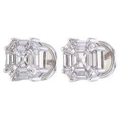 This pair of earrings is made with 3.60 carat diamonds in composite setting giving a look of 15+ carat pair. Each diamond is cut & polished to customize & form a ASSCHER cut diamond shape after setting. The backs are diamond studded adding beauty to this earrings. Invisible Mystery set without any gaps to naked eye make it a perfect pair of earrings. VVS clarity ,EF color diamonds are used. Extremely light on ears This beautifully handcrafted earrings in composite setting maintains the beauty of Diamond White Baguette Diamond Earrings For Formal Occasions, Formal Platinum Diamond Earrings Baguette Cut, Formal Earrings With Baguette Cut Single Diamonds, Formal Baguette Cut Platinum Diamond Earrings, Luxury Formal Cluster Earrings With Single Cut Diamonds, Gia Certified White Cluster Earrings For Formal Events, Diamond White Baguette Cut Diamond Earrings For Formal Occasions, Diamond White Baguette Cut Diamond Earrings For Formal, Platinum Diamond Earrings With Baguette Diamonds For Formal Events