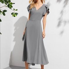 Wrap Midi Gray Dress Grey Midi Dress, Petal Sleeve, Shein Dress, Shein Dresses, Solid Dress, Womens Midi Dresses, Gray Dress, Long A Line, Dress P